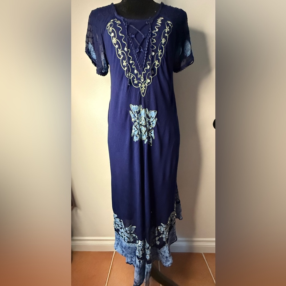 EUC Vintage Sante Classics Blue Semi-Sheer Embellished Beaded Caftan Size O/S